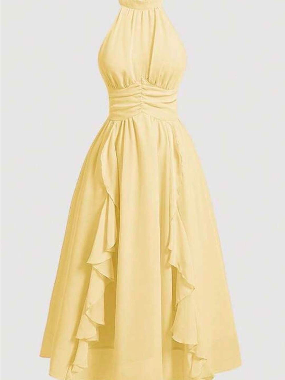 Pale Yellow One-Shoulder Ruffle Midi Dress